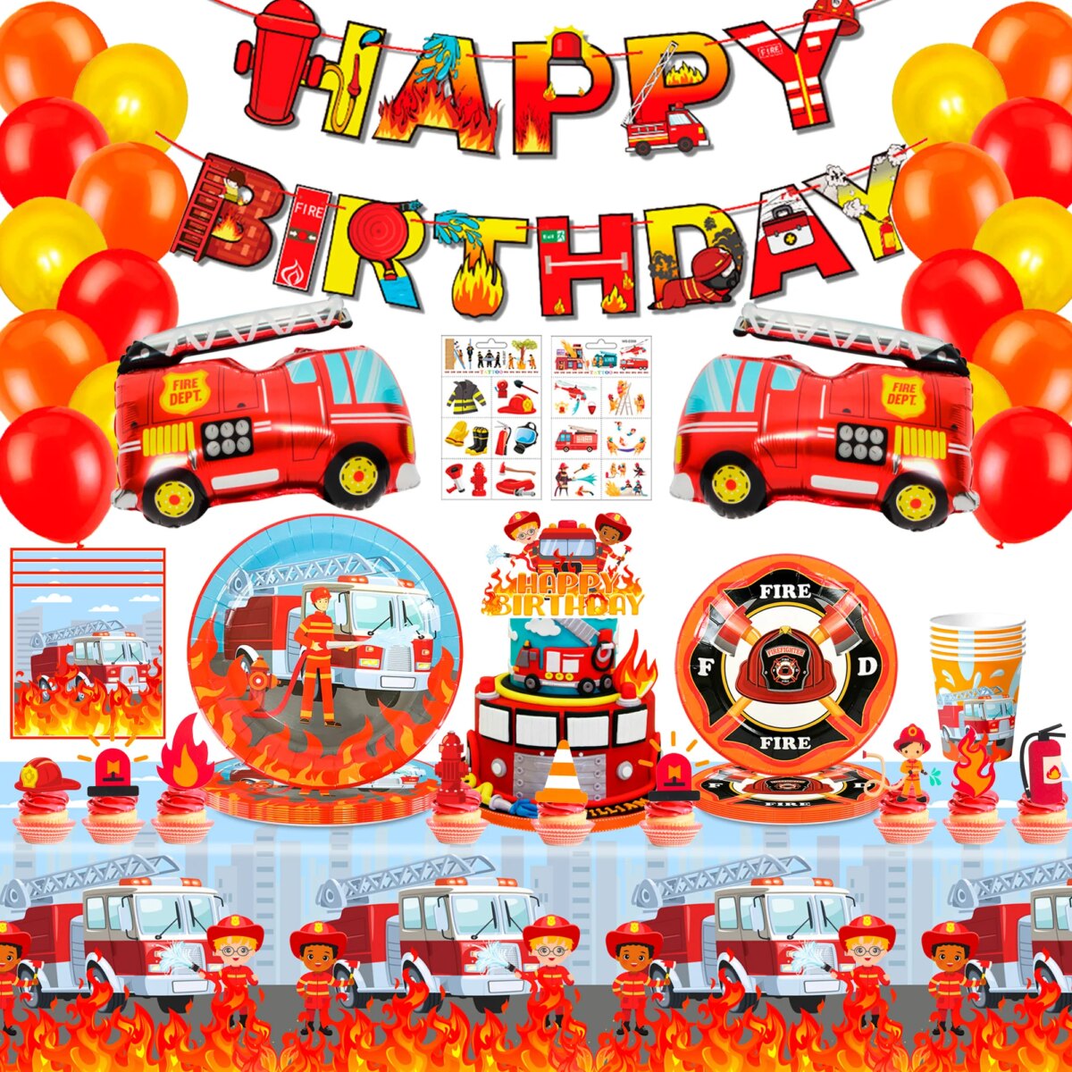Fire Truck Birthday Party Supplies,95pcs  Birthday Party Decorations for Boys-Firetruck Birthday Balloons Plates Napkins etc - Image 1