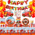 Fire Truck Birthday Party Supplies,95pcs  Birthday Party Decorations for Boys-Firetruck Birthday Balloons Plates Napkins etc