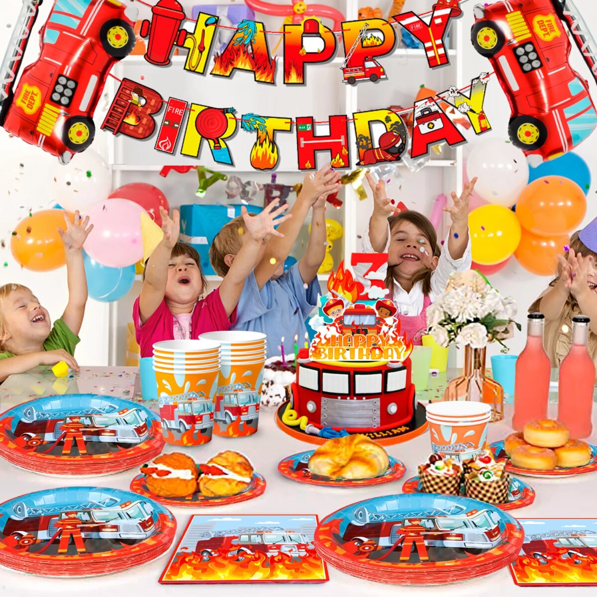 Fire Truck Birthday Party Supplies,95pcs  Birthday Party Decorations for Boys-Firetruck Birthday Balloons Plates Napkins etc - Image 2