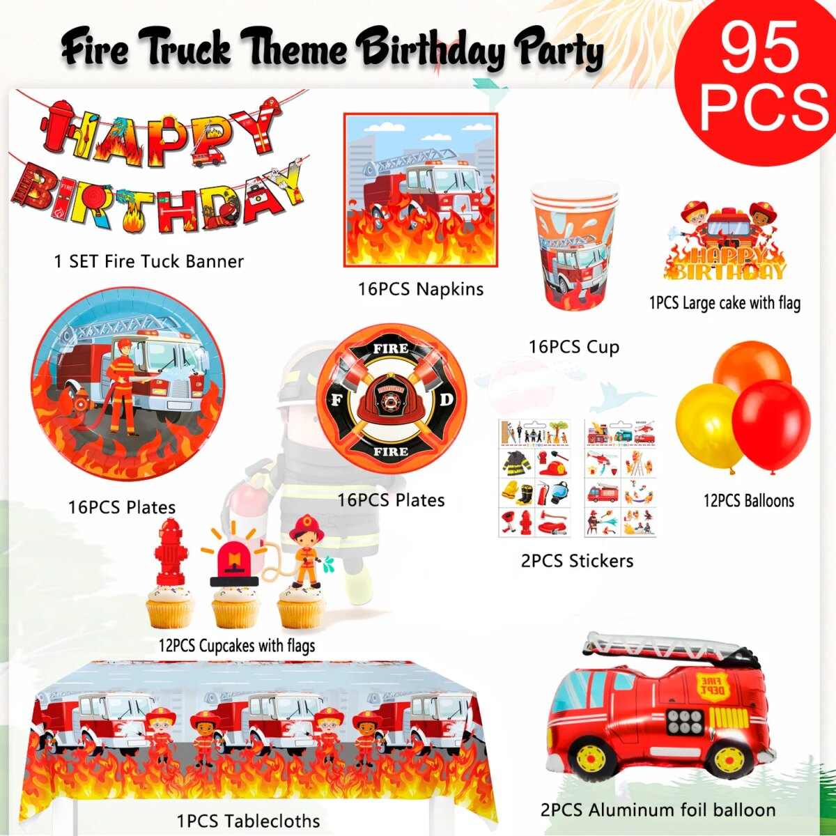 Fire Truck Birthday Party Supplies,95pcs  Birthday Party Decorations for Boys-Firetruck Birthday Balloons Plates Napkins etc - Image 6