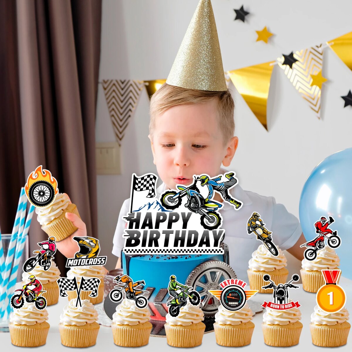 Motorcycle Cake Topper, 24 Pcs Motorcycle Cupcake Toppers/Dirtbike Cupcake Toppers + 1 Pcs Dirt Bike Cake Topper - Image 3