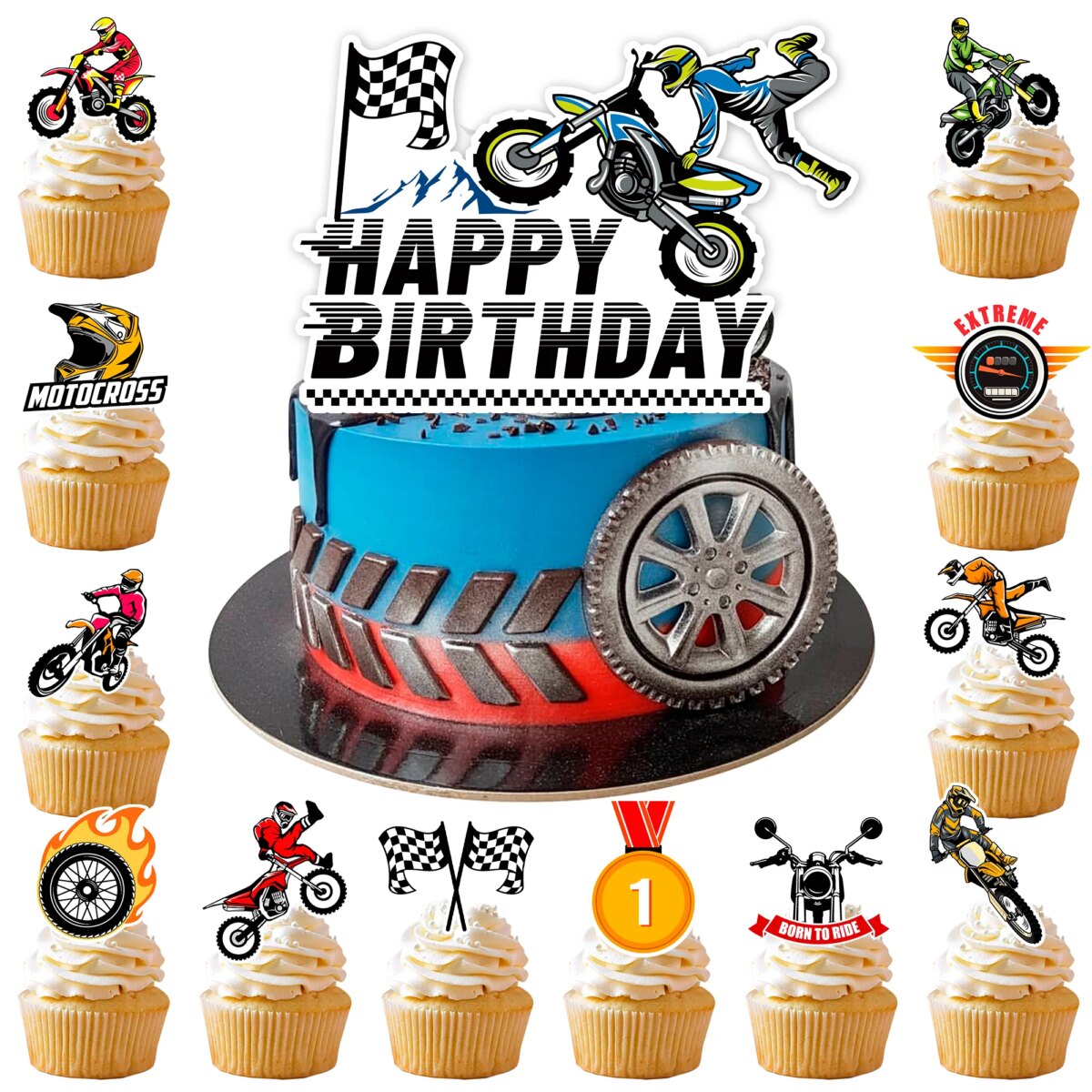 Motorcycle Cake Topper, 24 Pcs Motorcycle Cupcake Toppers/Dirtbike Cupcake Toppers + 1 Pcs Dirt Bike Cake Topper - Image 1