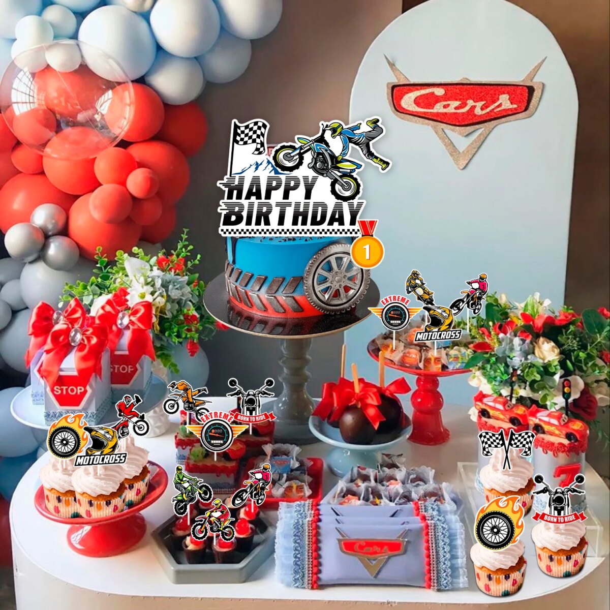 Motorcycle Cake Topper, 24 Pcs Motorcycle Cupcake Toppers/Dirtbike Cupcake Toppers + 1 Pcs Dirt Bike Cake Topper - Image 4