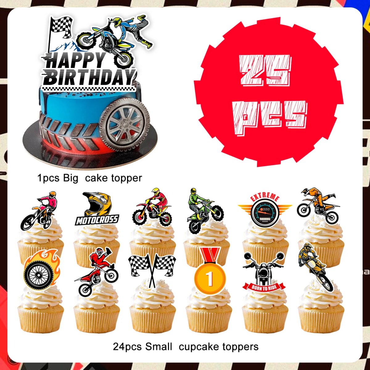 Motorcycle Cake Topper, 24 Pcs Motorcycle Cupcake Toppers/Dirtbike Cupcake Toppers + 1 Pcs Dirt Bike Cake Topper - Image 6
