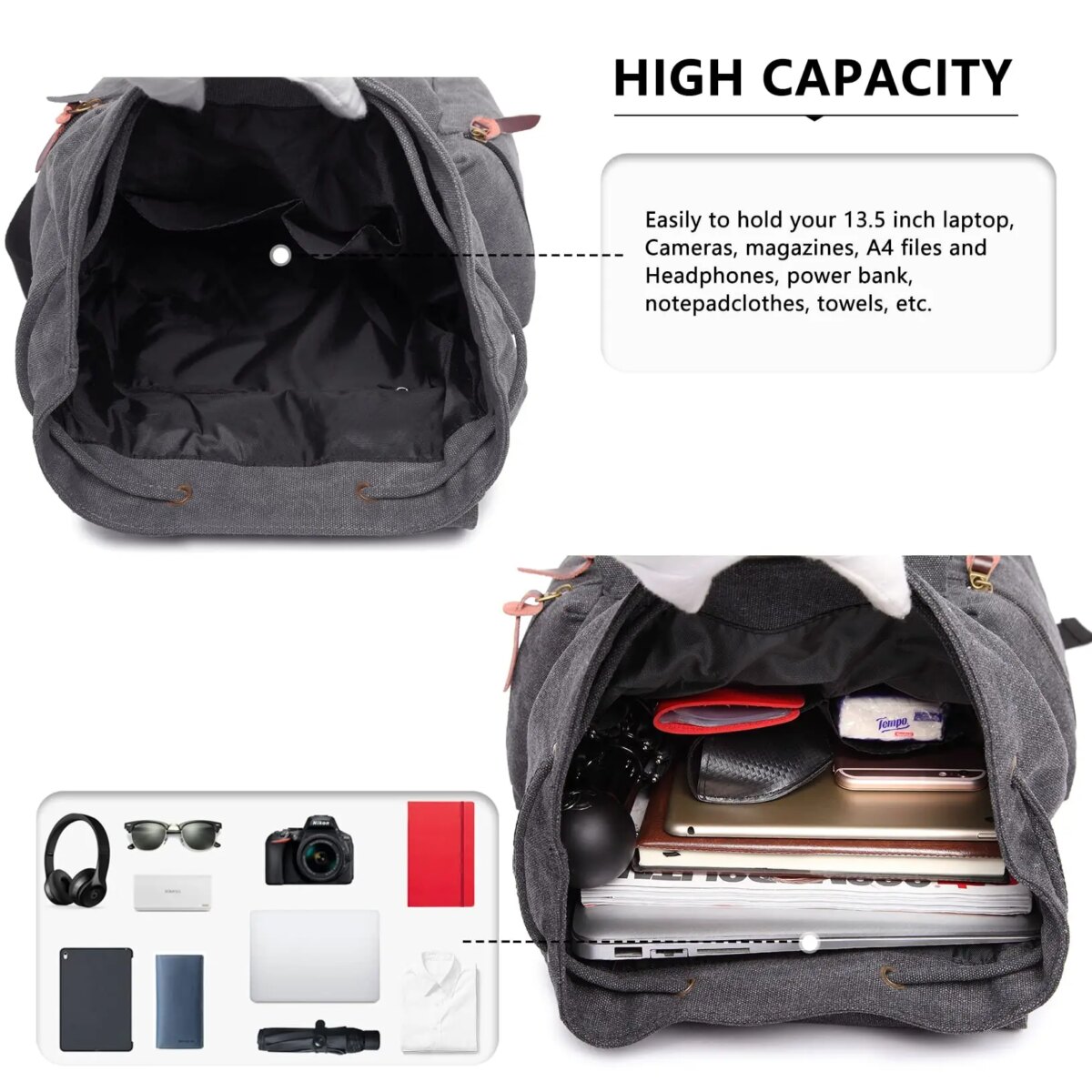 Canvas Backpack Unisex Vintage Rucksack School Bag Casual Daypack for Women Men Boys Girls Outdoor Travel Hiking Camping - Image 4