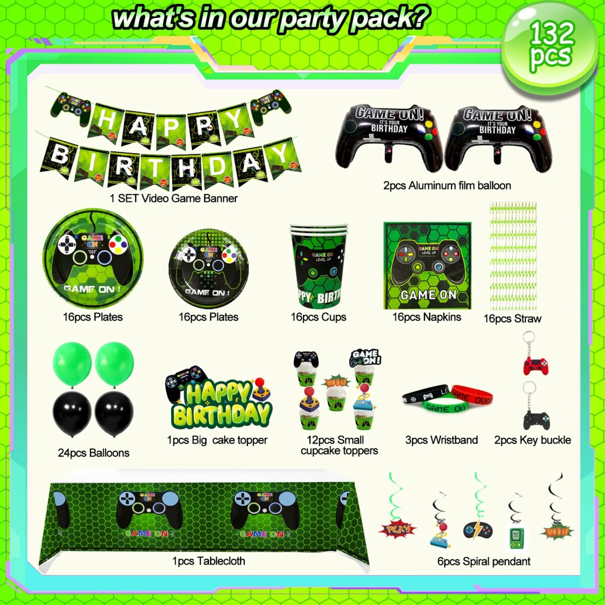 Video Game Birthday Party Decorations for Boys,132pcs Birthday Decorations&Tableware Set-Plates Cups Napkins Tablecloth Balloons - Image 6