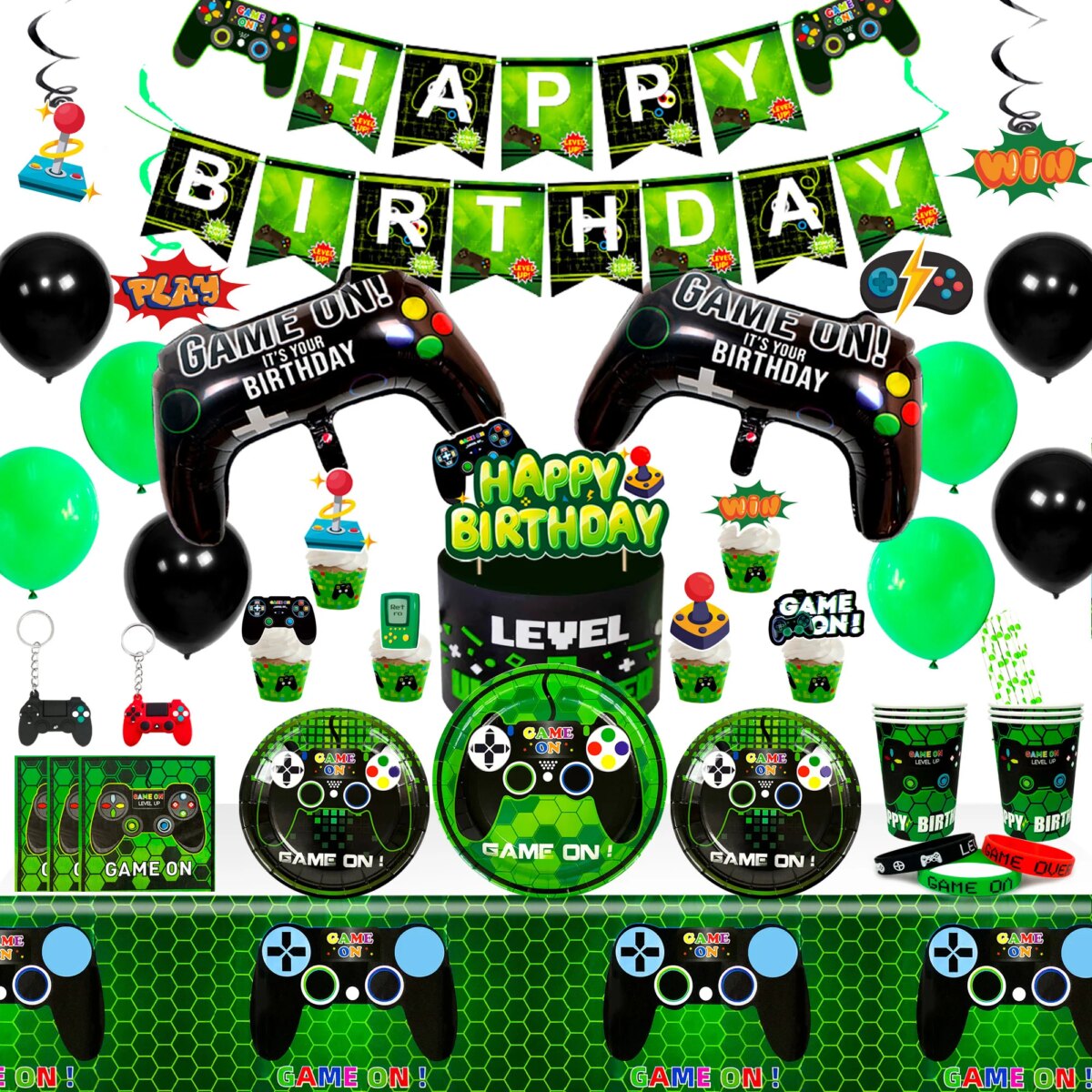 Video Game Birthday Party Decorations for Boys,132pcs Birthday Decorations&Tableware Set-Plates Cups Napkins Tablecloth Balloons - Image 1