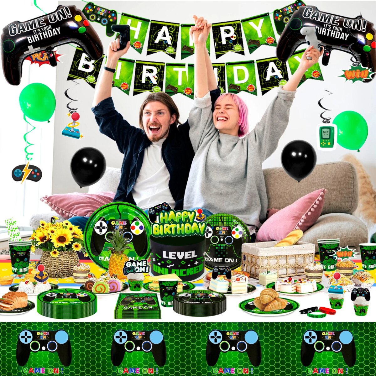 Video Game Birthday Party Decorations for Boys,132pcs Birthday Decorations&Tableware Set-Plates Cups Napkins Tablecloth Balloons - Image 5