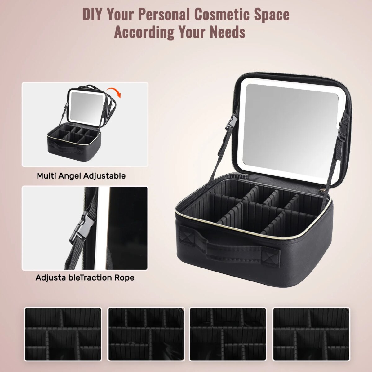 Travel Makeup Bag With LED Lighted Mirror, Makeup Train Case With Adjustable Dividers For Home,Gift,Vacation - Image 4