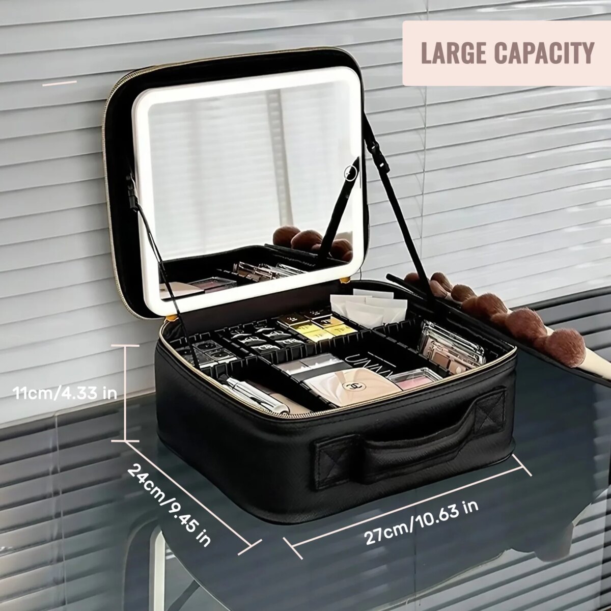 Travel Makeup Bag With LED Lighted Mirror, Makeup Train Case With Adjustable Dividers For Home,Gift,Vacation - Image 2
