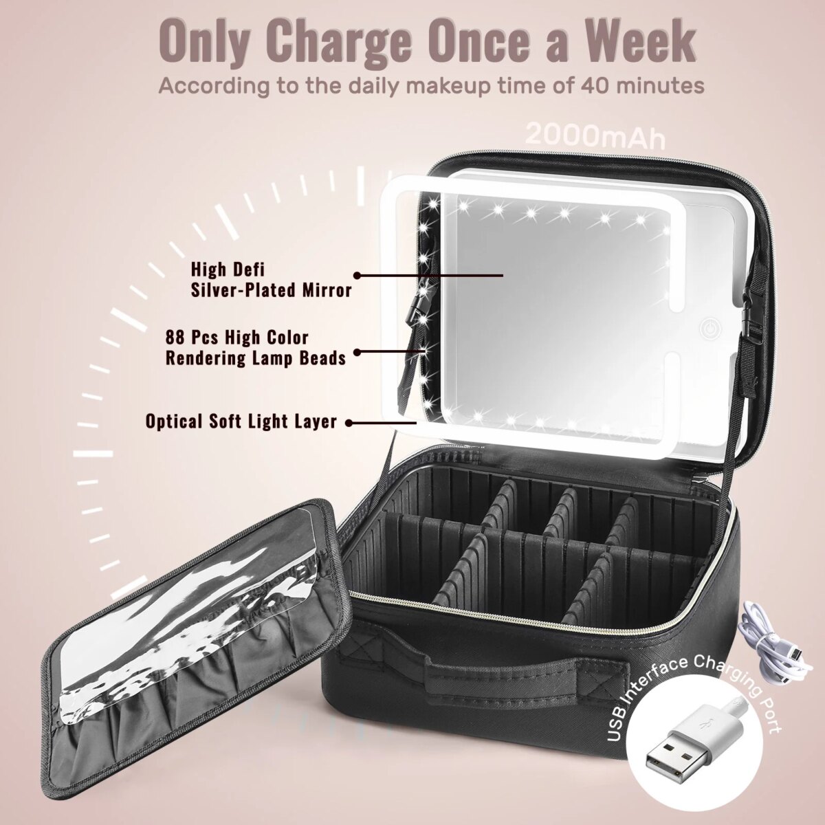 Travel Makeup Bag With LED Lighted Mirror, Makeup Train Case With Adjustable Dividers For Home,Gift,Vacation - Image 3