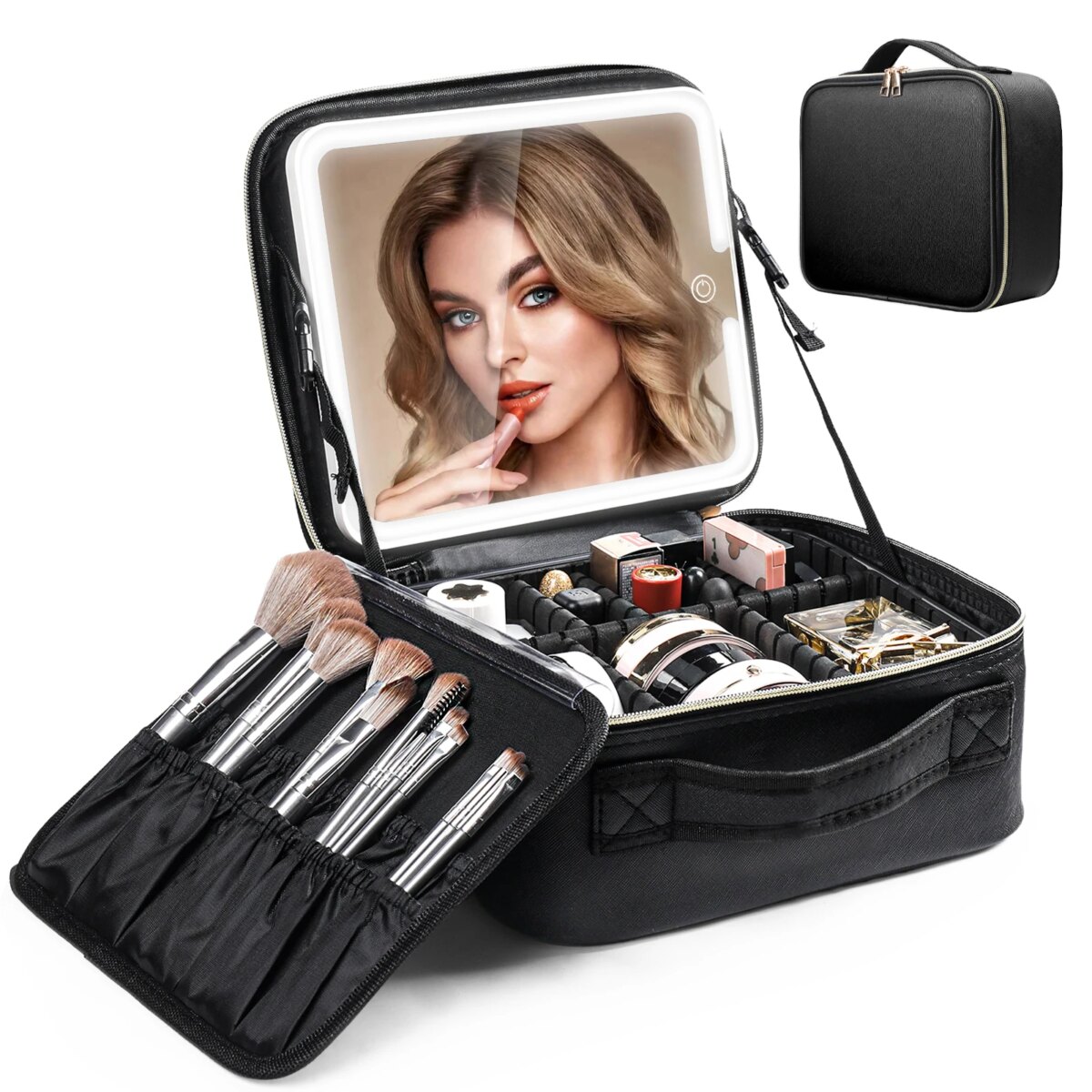 Travel Makeup Bag With LED Lighted Mirror, Makeup Train Case With Adjustable Dividers For Home,Gift,Vacation - Image 1