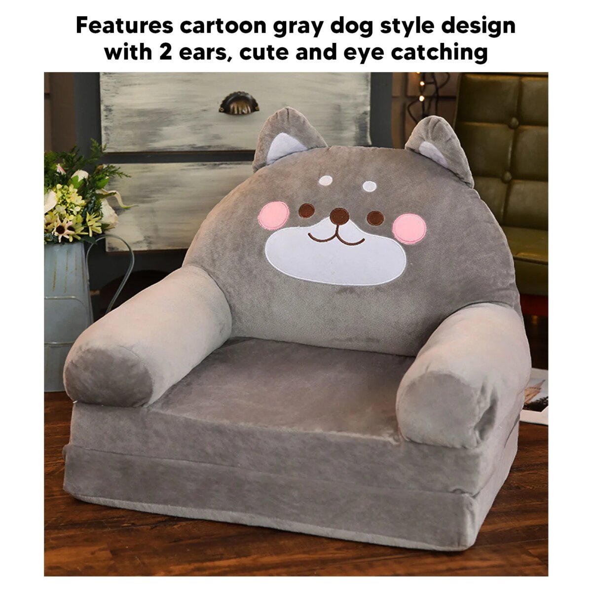 Kids Sofa Cartoon Gray Dog  Foldable Wide Handle Soft Breathable Toddler Chair for Reading Relaxing Sleeping Toddler Chair - Image 1