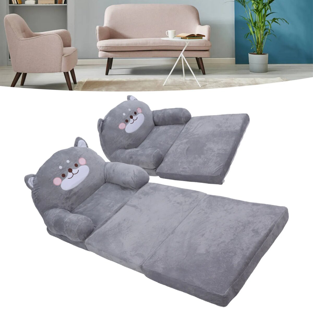 Kids Sofa Cartoon Gray Dog  Foldable Wide Handle Soft Breathable Toddler Chair for Reading Relaxing Sleeping Toddler Chair - Image 2