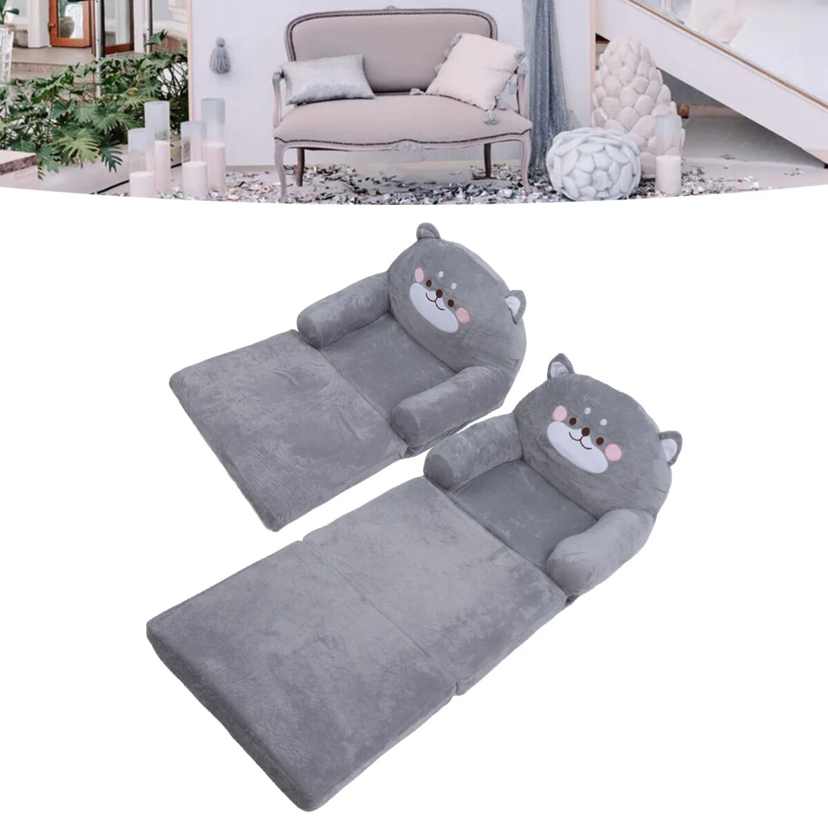 Kids Sofa Cartoon Gray Dog  Foldable Wide Handle Soft Breathable Toddler Chair for Reading Relaxing Sleeping Toddler Chair - Image 3