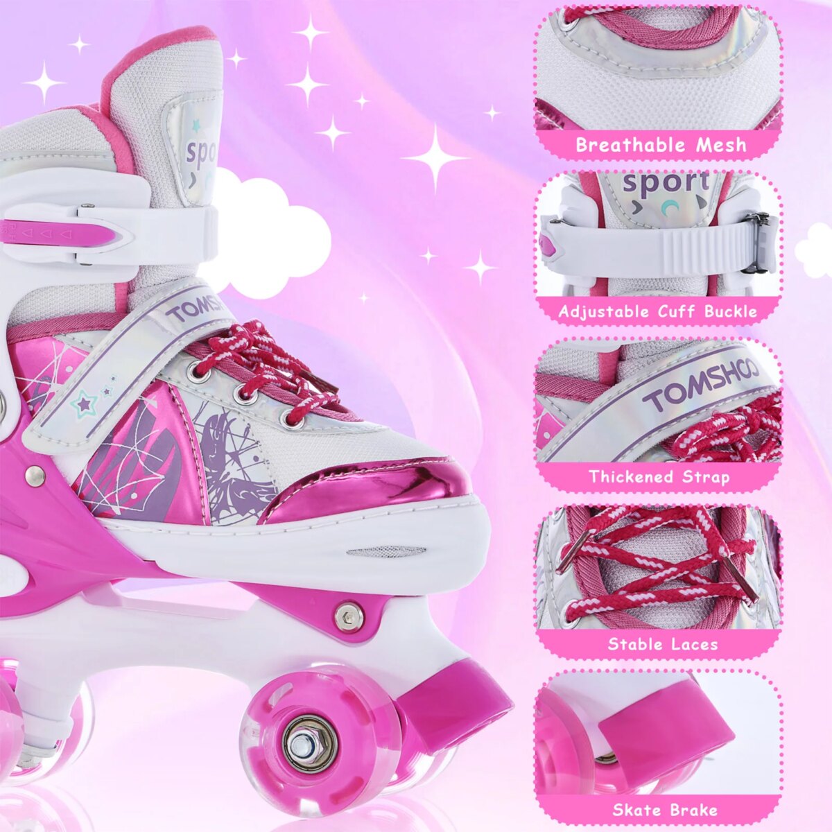 Roller Skates for Girls Boys for Kids 4 Size Adjustable Light Up Luminous Roller Skate Pink S - Image 4