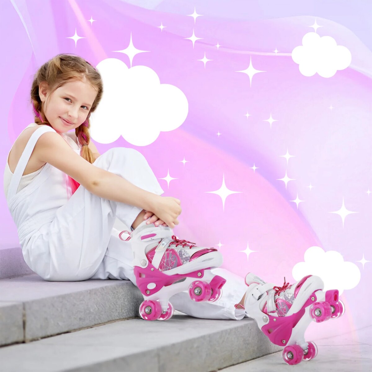 Roller Skates for Girls Boys for Kids 4 Size Adjustable Light Up Luminous Roller Skate Pink S - Image 3