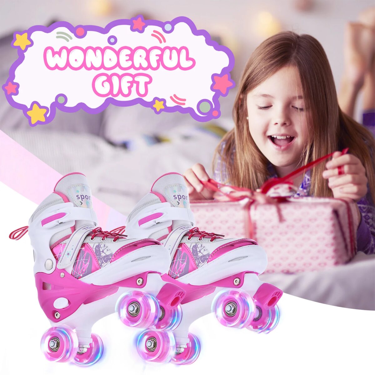 Roller Skates for Girls Boys for Kids 4 Size Adjustable Light Up Luminous Roller Skate Pink S - Image 1