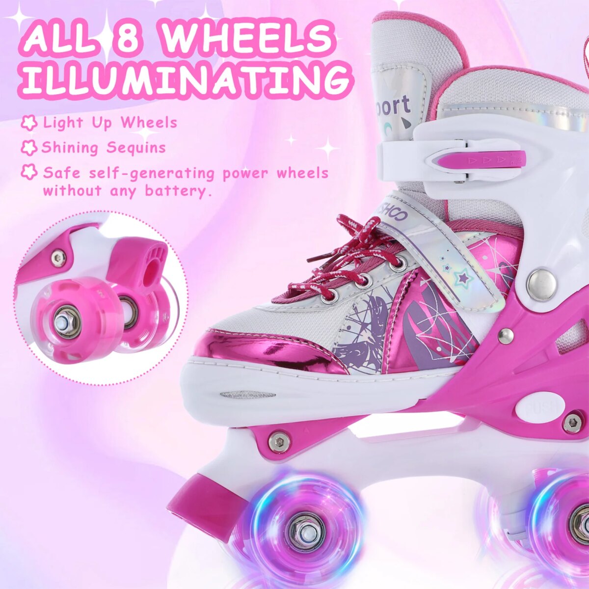 Roller Skates for Girls Boys for Kids 4 Size Adjustable Light Up Luminous Roller Skate Pink S - Image 5