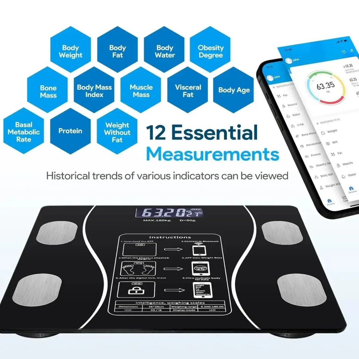Bluetooth body fat scale, charging version, weight scale, bathroom weight scale, intelligent digital body value detection - Image 4