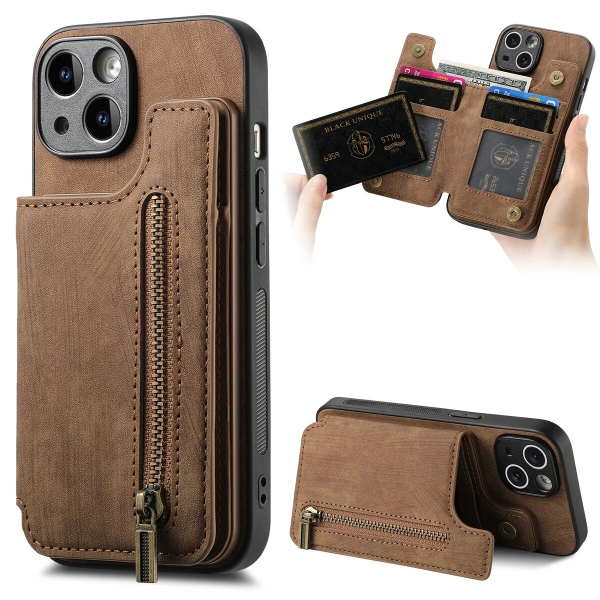 Zipper Cards Solt Wallet Leather Case For iPhone 16 Pro Max 15 14 Plus 13 12 11 XS XR Se2022 Pocket Magnetic Double Buckle Cover - Image 1