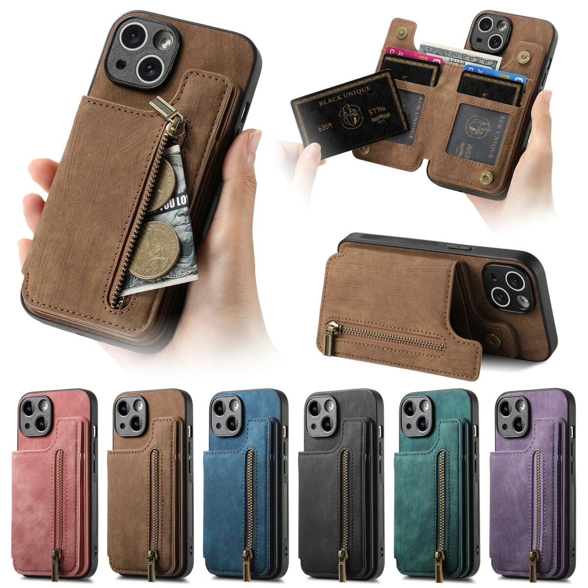 Zipper Cards Solt Wallet Leather Case For iPhone 16 Pro Max 15 14 Plus 13 12 11 XS XR Se2022 Pocket Magnetic Double Buckle Cover - Image 2