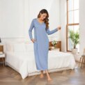Modishion Loose Cotton Women's V-neck Long Sleeve Nightdress Button Homewear Pajama Dress - Image 5