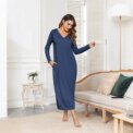Modishion Loose Cotton Women's V-neck Long Sleeve Nightdress Button Homewear Pajama Dress - Image 3