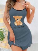 Womens Cute Little Bear Print Cami Nightgown Spaghetti Strap Sleep Dress Mini Lettuce Hem Contrast Trim Loungewear Y2K Style - Image 5