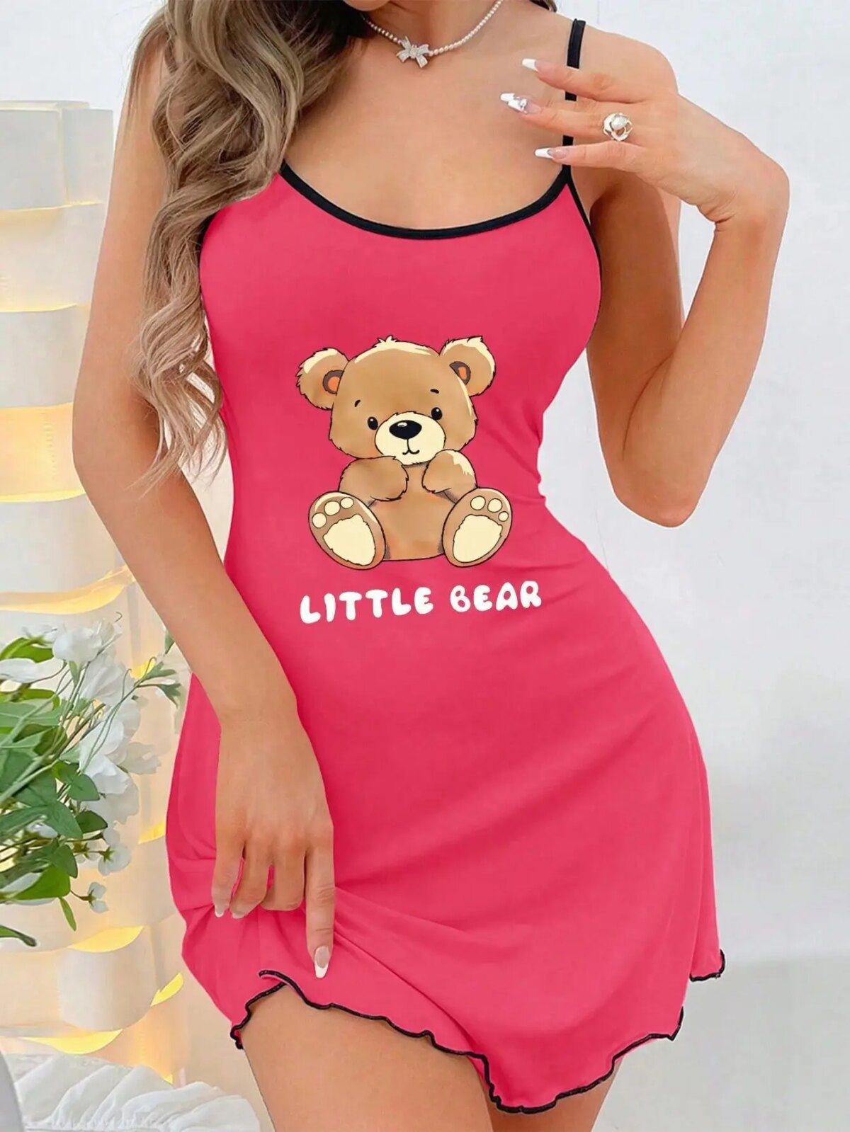 Womens Cute Little Bear Print Cami Nightgown Spaghetti Strap Sleep Dress Mini Lettuce Hem Contrast Trim Loungewear Y2K Style - Image 4