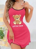 Womens Cute Little Bear Print Cami Nightgown Spaghetti Strap Sleep Dress Mini Lettuce Hem Contrast Trim Loungewear Y2K Style - Image 4