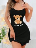 Womens Cute Little Bear Print Cami Nightgown Spaghetti Strap Sleep Dress Mini Lettuce Hem Contrast Trim Loungewear Y2K Style - Image 3