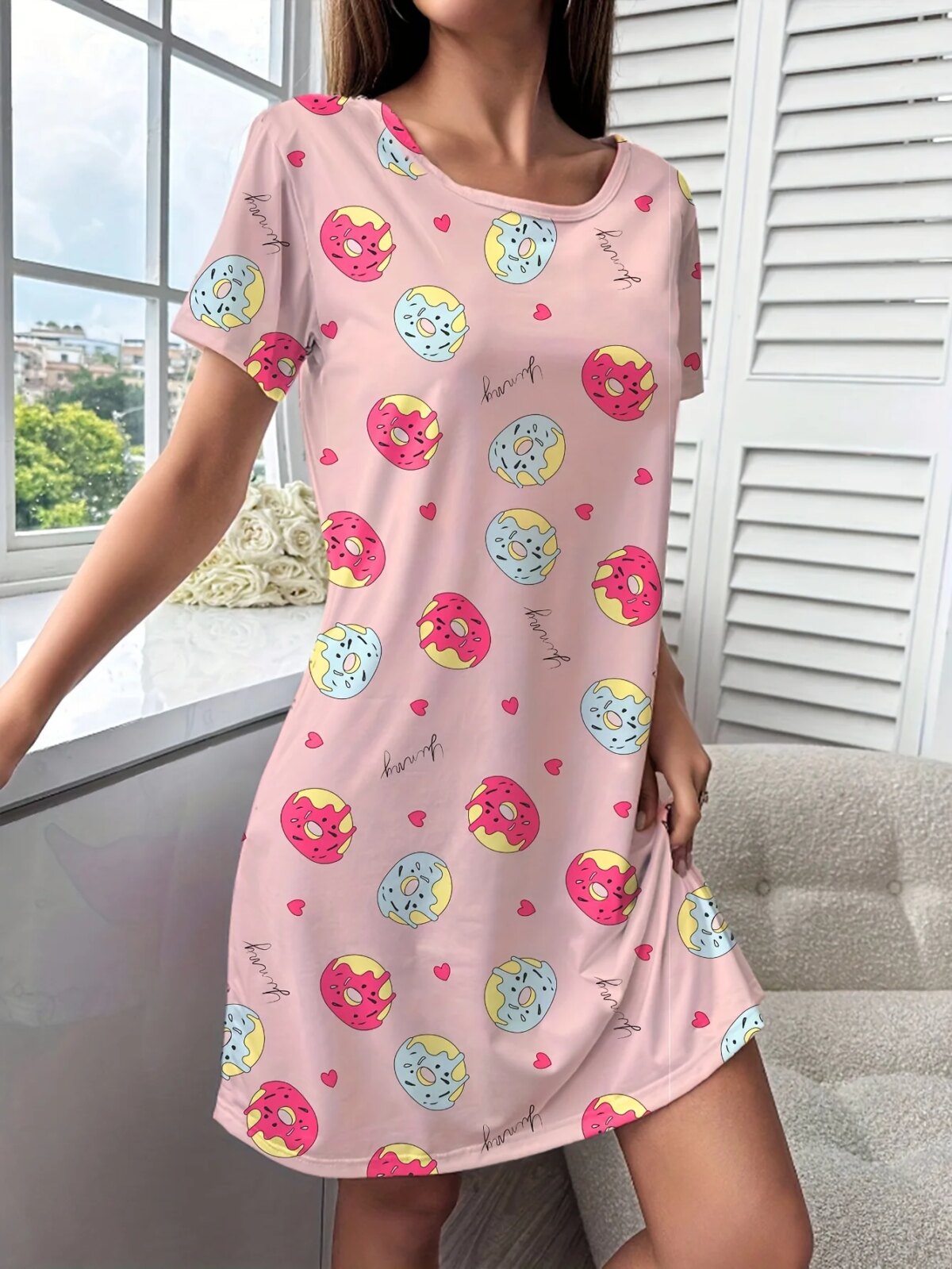 Standard Size Women's All Year Round Spring and Summer Casual Romantic Donut Print Cute Nightgown - Image 5