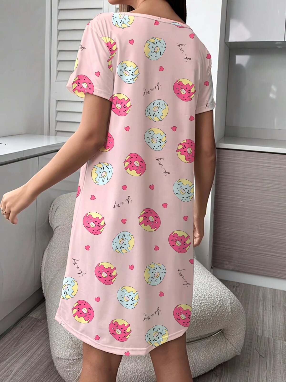 Standard Size Women's All Year Round Spring and Summer Casual Romantic Donut Print Cute Nightgown - Image 2
