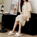 Women Summer One Piece Dress With Bow V-neck Short Sleeve Long Skirt Thin Loose Solid Elastic Soft Free Size Cute NightdressGirl - Image 3