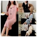 Women Summer One Piece Dress With Bow V-neck Short Sleeve Long Skirt Thin Loose Solid Elastic Soft Free Size Cute NightdressGirl