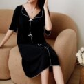 Women Summer One Piece Dress With Bow V-neck Short Sleeve Long Skirt Thin Loose Solid Elastic Soft Free Size Cute NightdressGirl - Image 5