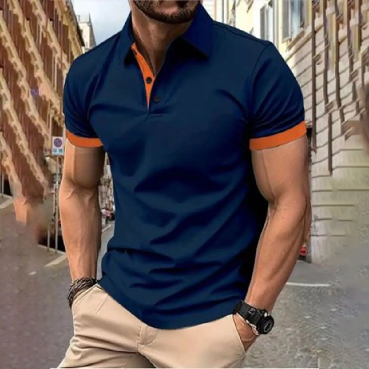 Men's short sleeve color matching fashion with men's lapel short sleeve - Image 1