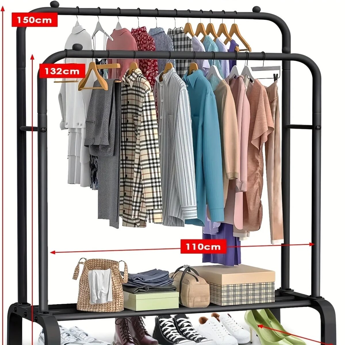 Double Rod Clothes Hanger Heavy Duty Clothes Hanger Clothing Display Rack with Storage Rack for Store Bedroom Dressing Room Whit - Image 4