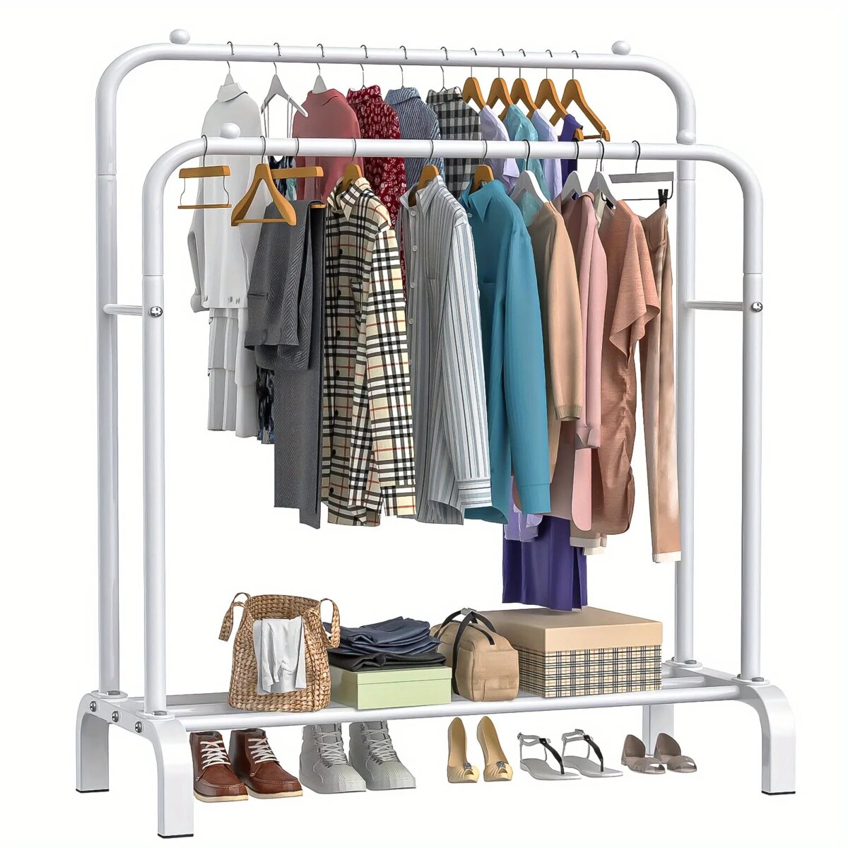 Double Rod Clothes Hanger Heavy Duty Clothes Hanger Clothing Display Rack with Storage Rack for Store Bedroom Dressing Room Whit - Image 2