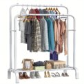 Double Rod Clothes Hanger Heavy Duty Clothes Hanger Clothing Display Rack with Storage Rack for Store Bedroom Dressing Room Whit - Image 2