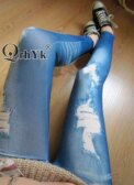 Women Ripped Denim Jean Look Skinny Leggings Slim Jeggings Trousers Blue Black - Image 2