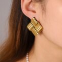 Vintage Stainless Steel Double Layer Striped Texture Stud Earrings for Women Statement Gold Plated Round Earrings Luxury Jewelry - Image 6
