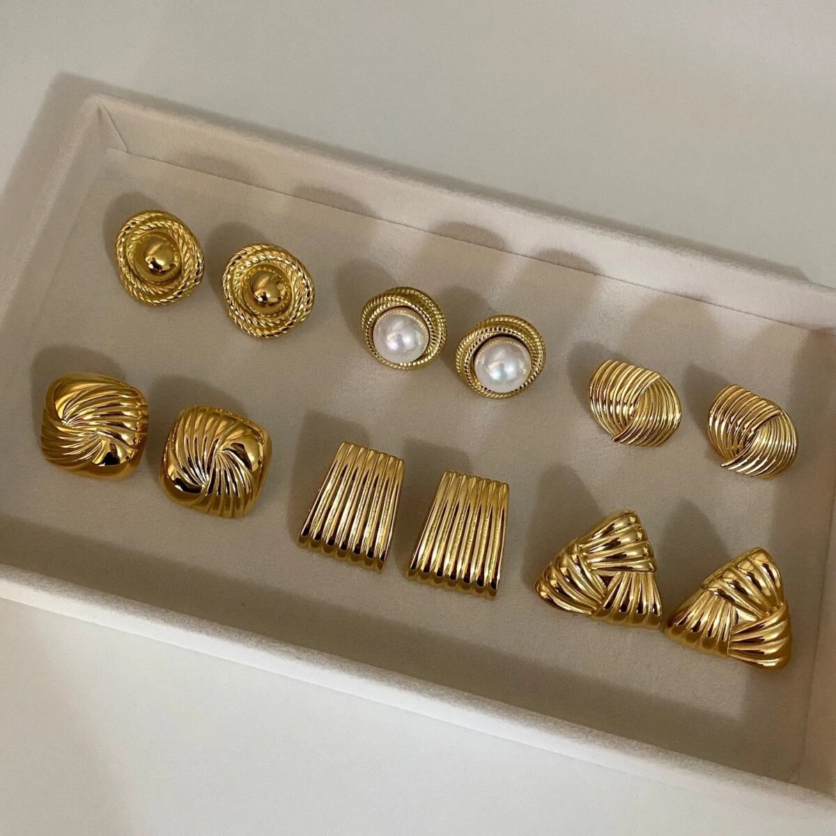 Vintage Stainless Steel Double Layer Striped Texture Stud Earrings for Women Statement Gold Plated Round Earrings Luxury Jewelry - Image 1