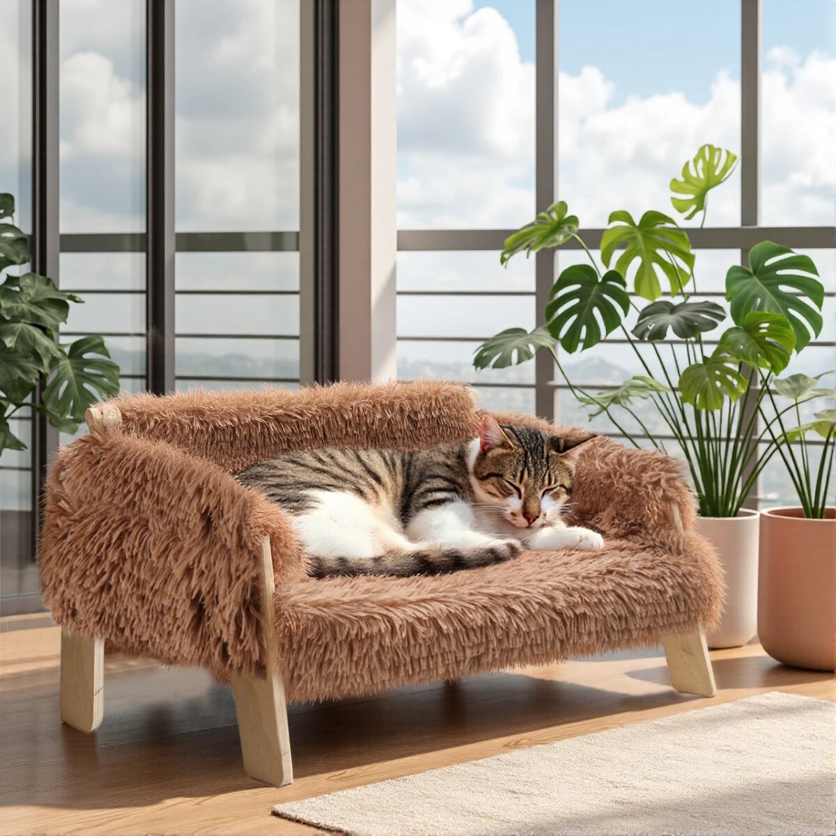 Large Cat Bed Sturdy Wooden Leg Raised Plush Cat Sofa Bed Kitten Bed for Indoor Cats - Soft Cat Couch: uk Stock, 4 Days Free Delivery - Image 1
