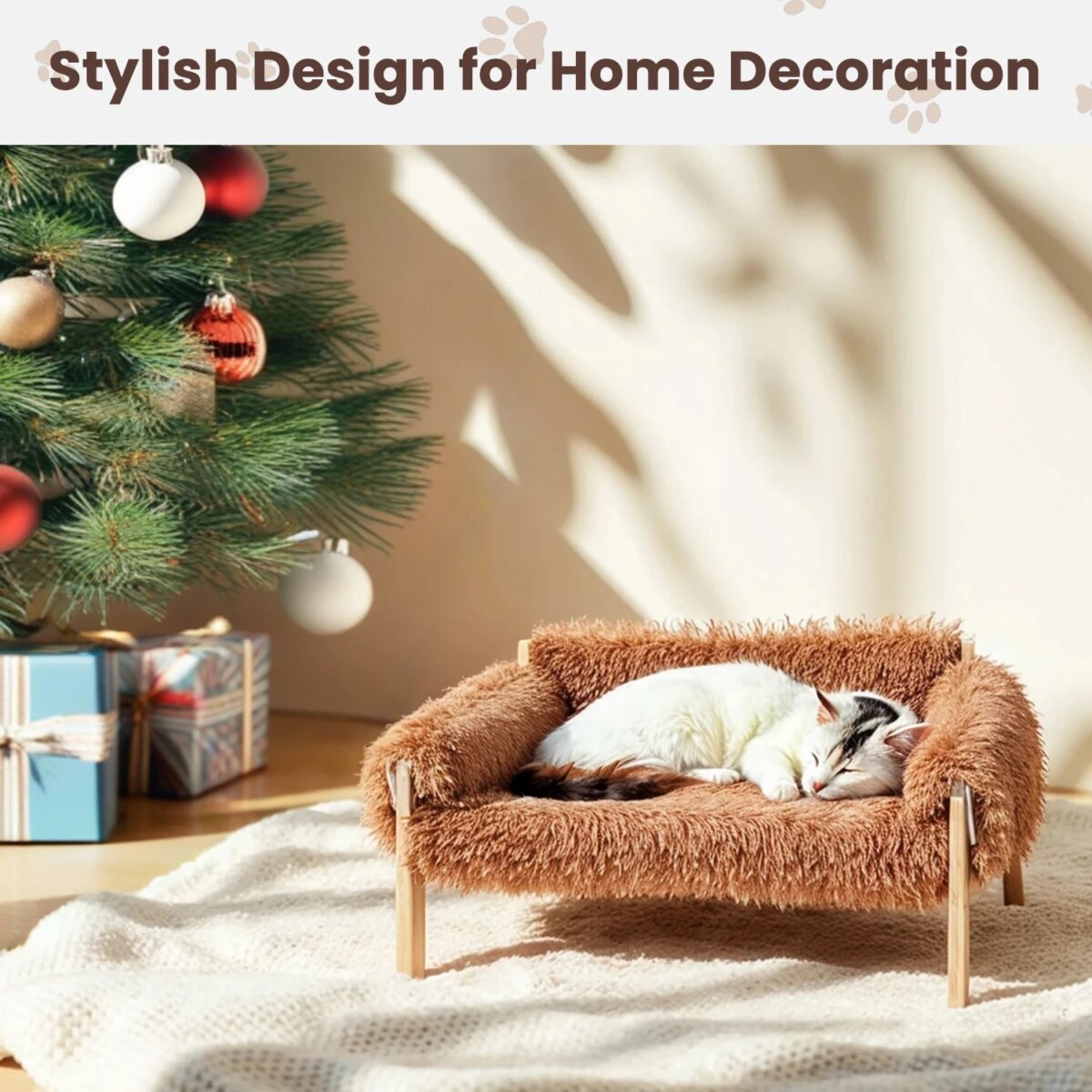 Large Cat Bed Sturdy Wooden Leg Raised Plush Cat Sofa Bed Kitten Bed for Indoor Cats - Soft Cat Couch: uk Stock, 4 Days Free Delivery - Image 3