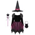 4 Pieces Witch Clothing Set Dress+Hat+Wand+Bag Girls Halloween Wizard Costume 2024 Kid Make up Party Hag Witch Apparel Vestidos - Image 3