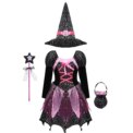 4 Pieces Witch Clothing Set Dress+Hat+Wand+Bag Girls Halloween Wizard Costume 2024 Kid Make up Party Hag Witch Apparel Vestidos - Image 2