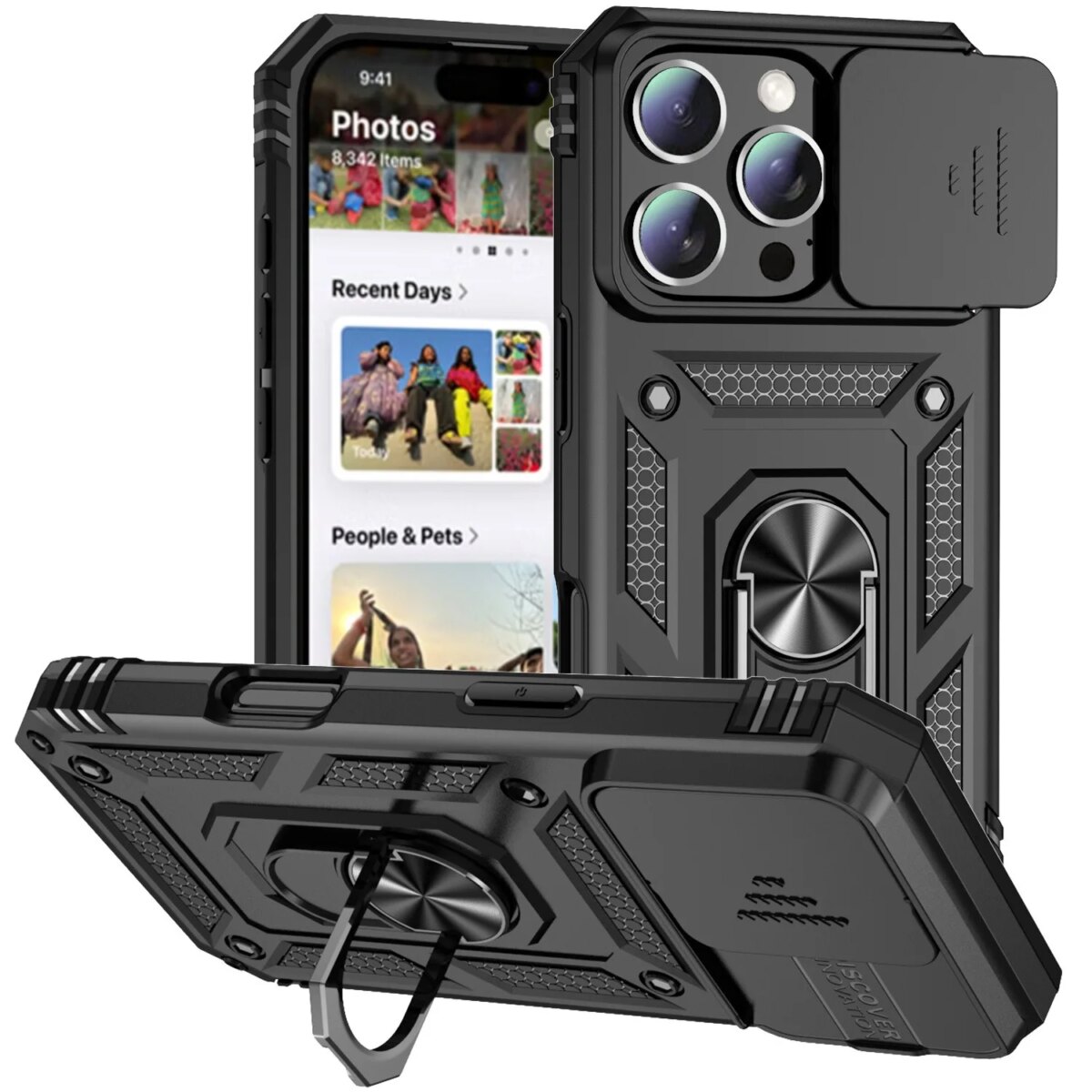 Ring Stand Rotating Slide Camera Lens Military Grade Armor Case for iPhone 16 14 13 12 11 15 Pro Max 16 Plus 13Mini 12Mini Cover - Image 1