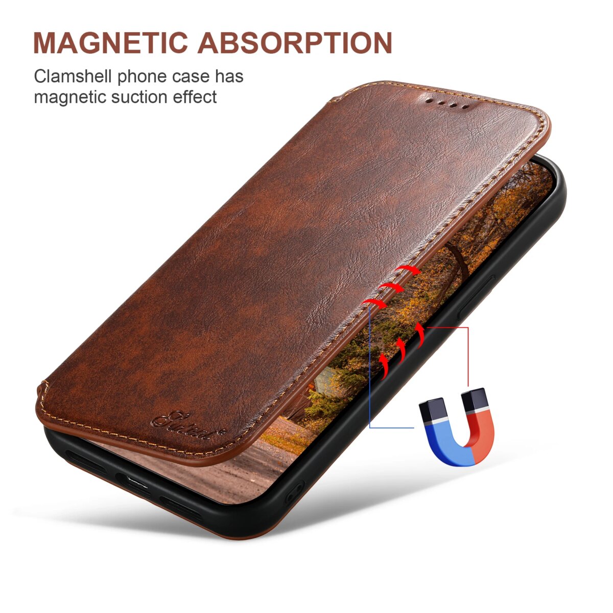 SUTENI Magsafe Leather Phone Case For iPhone 12 13 14 15 16 17 Pro Max Plus Flip Cover Wallet For Men Card Holder - Image 5